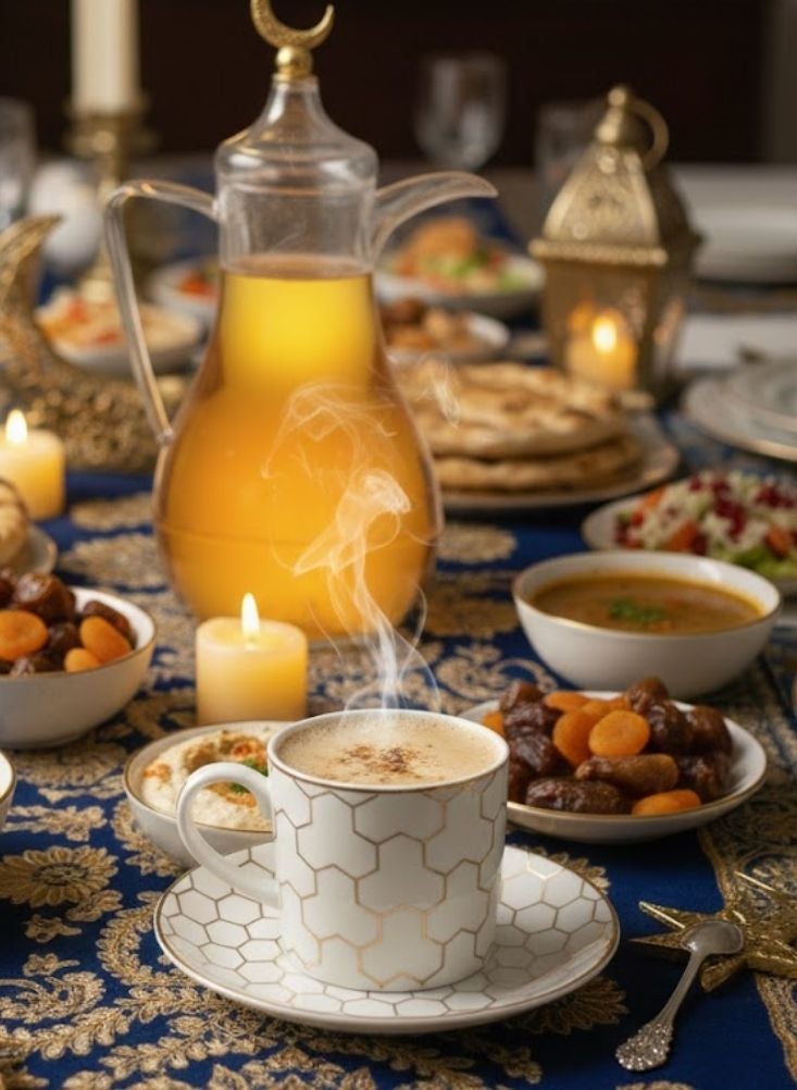 Premium Elegant White & Gold Arabic Coffee Cups with Saucers – 6 Cups Ramadan Tea Set - Image 2